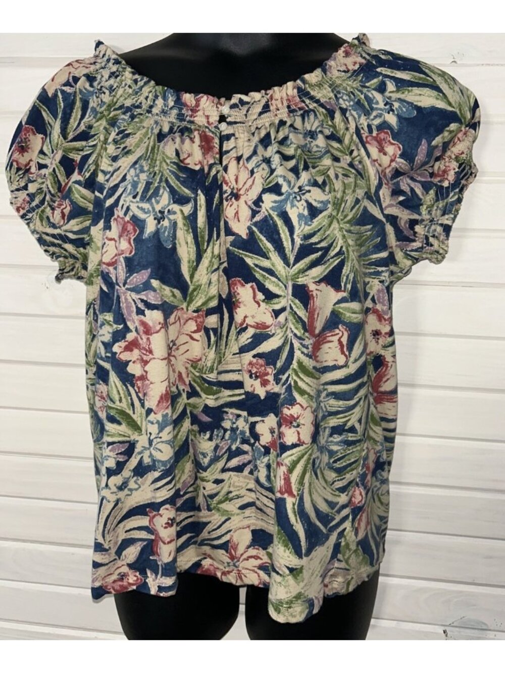 Chaps Ralph Lauren Sz PLUS 1X Peasant Blouse S/S Blue Khaki Floral Print EUC